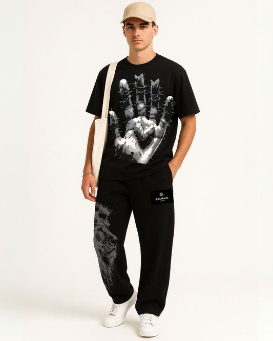 URBAN HAND BLACK OVERSIZED   T-SHIRT FOR MEN WITH BLACK COTTON   PANT BALMAIN TIGER(*)
