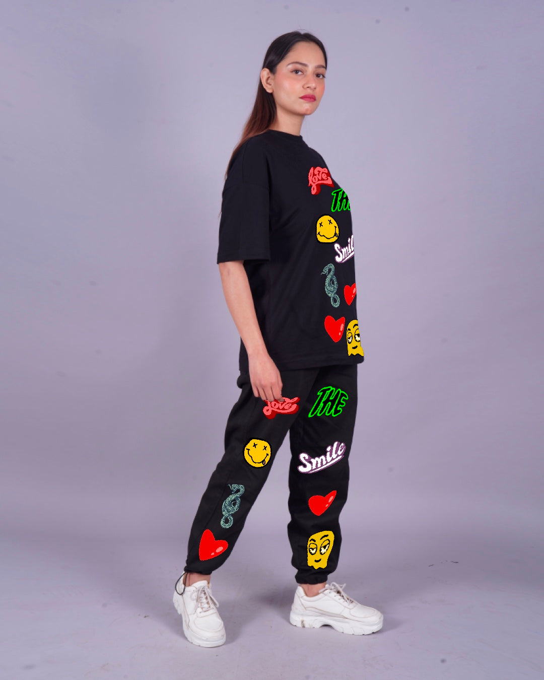 Women Love Smiley Oversized Co-Ord Set - Black and Black