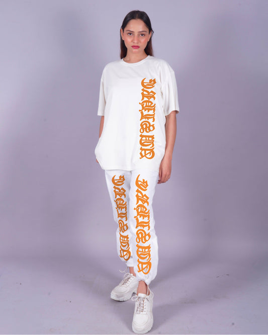 Women Letterman Oversized Co-Ord Set - White and White