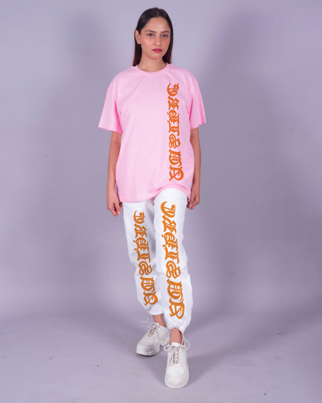 Women Letterman Oversized Co-Ord Set - Pink and White