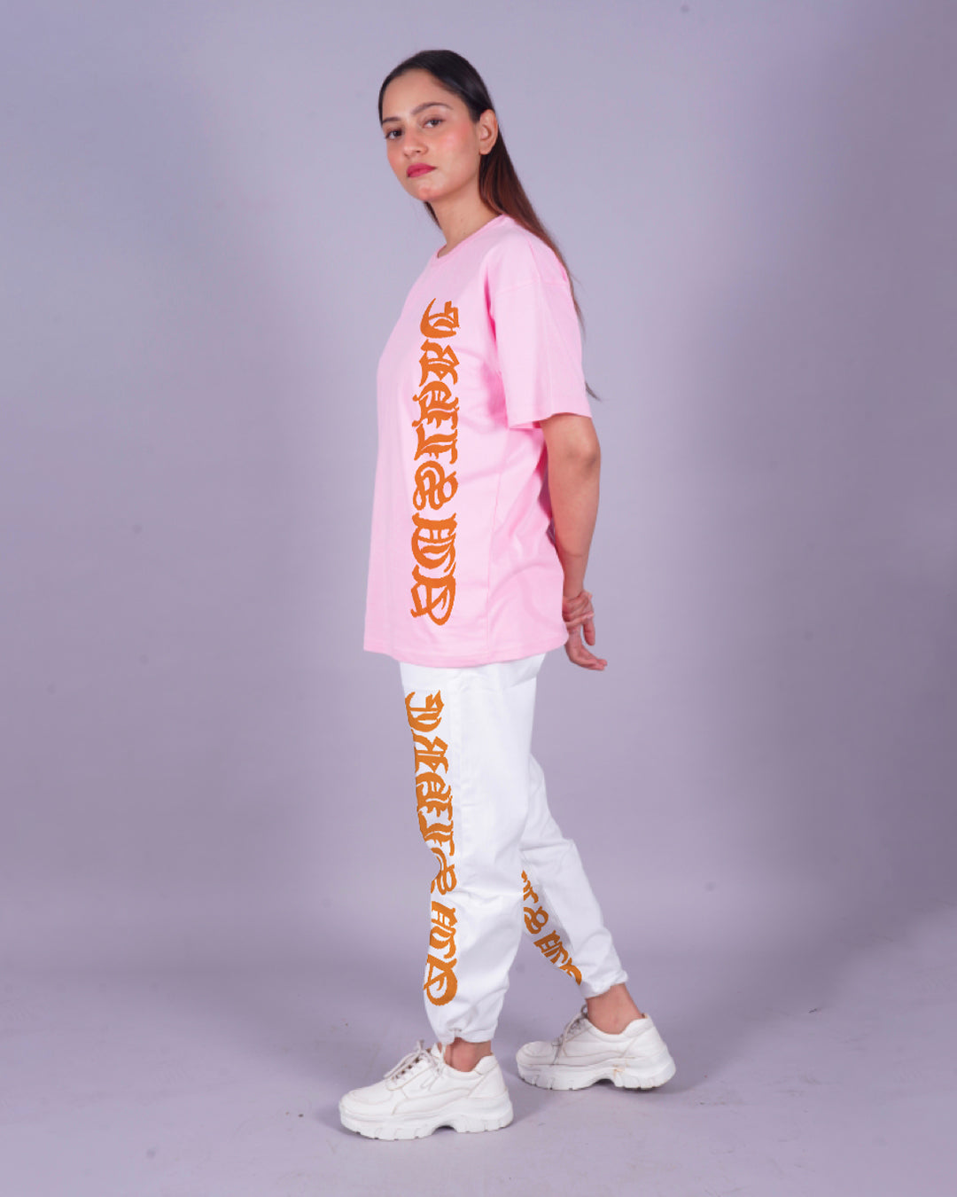 Women Letterman Oversized Co-Ord Set - Pink and White