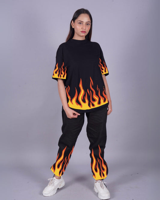 Women Black Oversized Co Ord Set - Red Fire Design