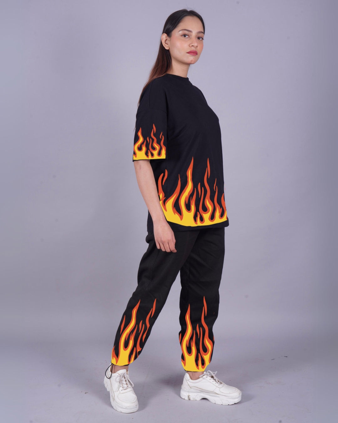 Women Black Oversized Co Ord Set - Red Fire Design