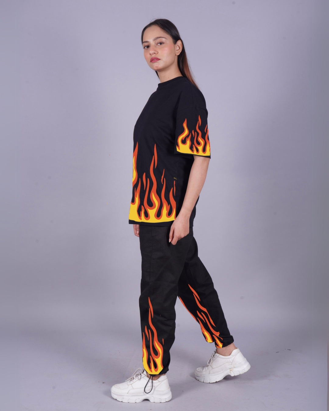 Women Black Oversized Co Ord Set - Red Fire Design