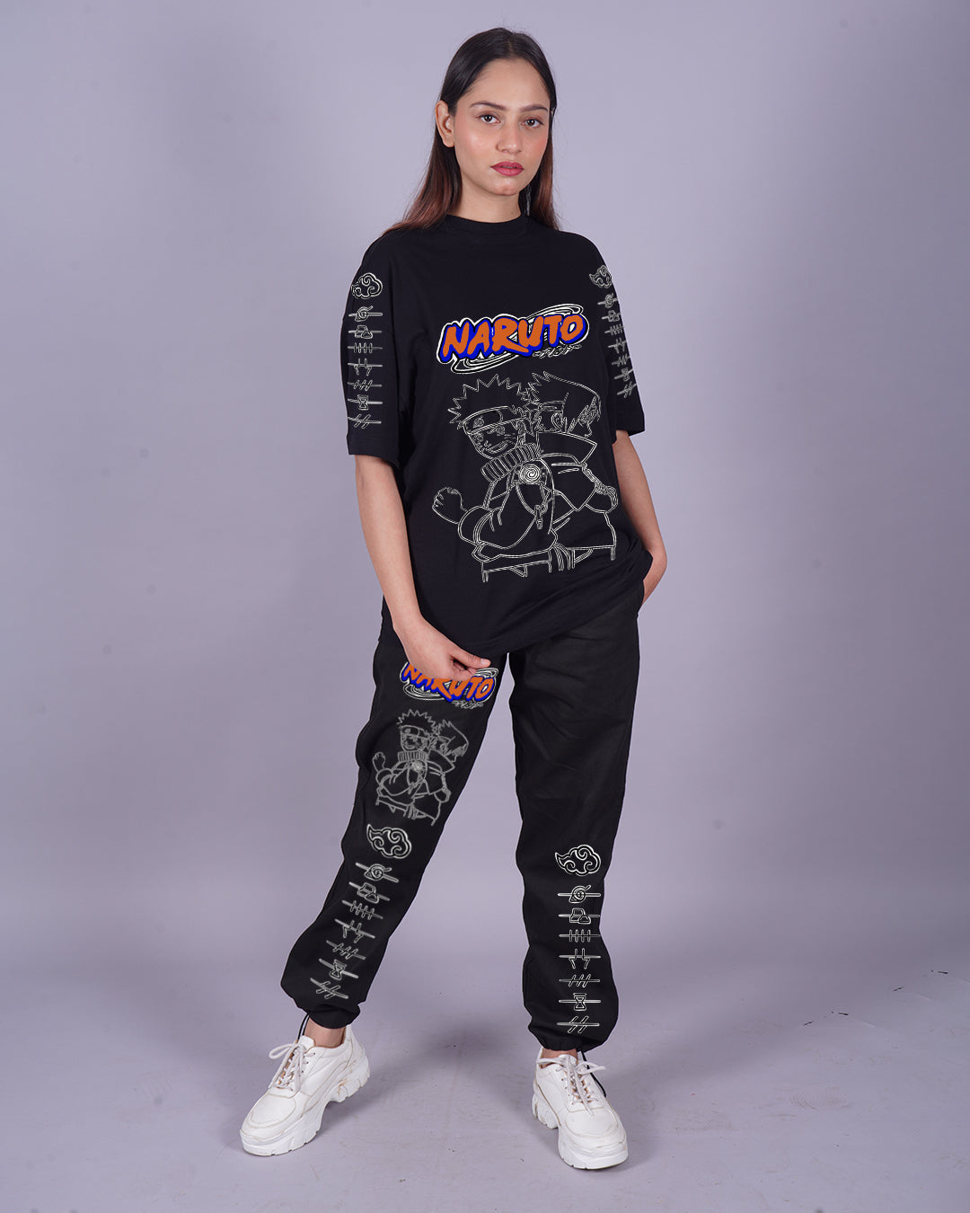 Women Naruto Graphic Oversized Co-Ord Set - Black and Black