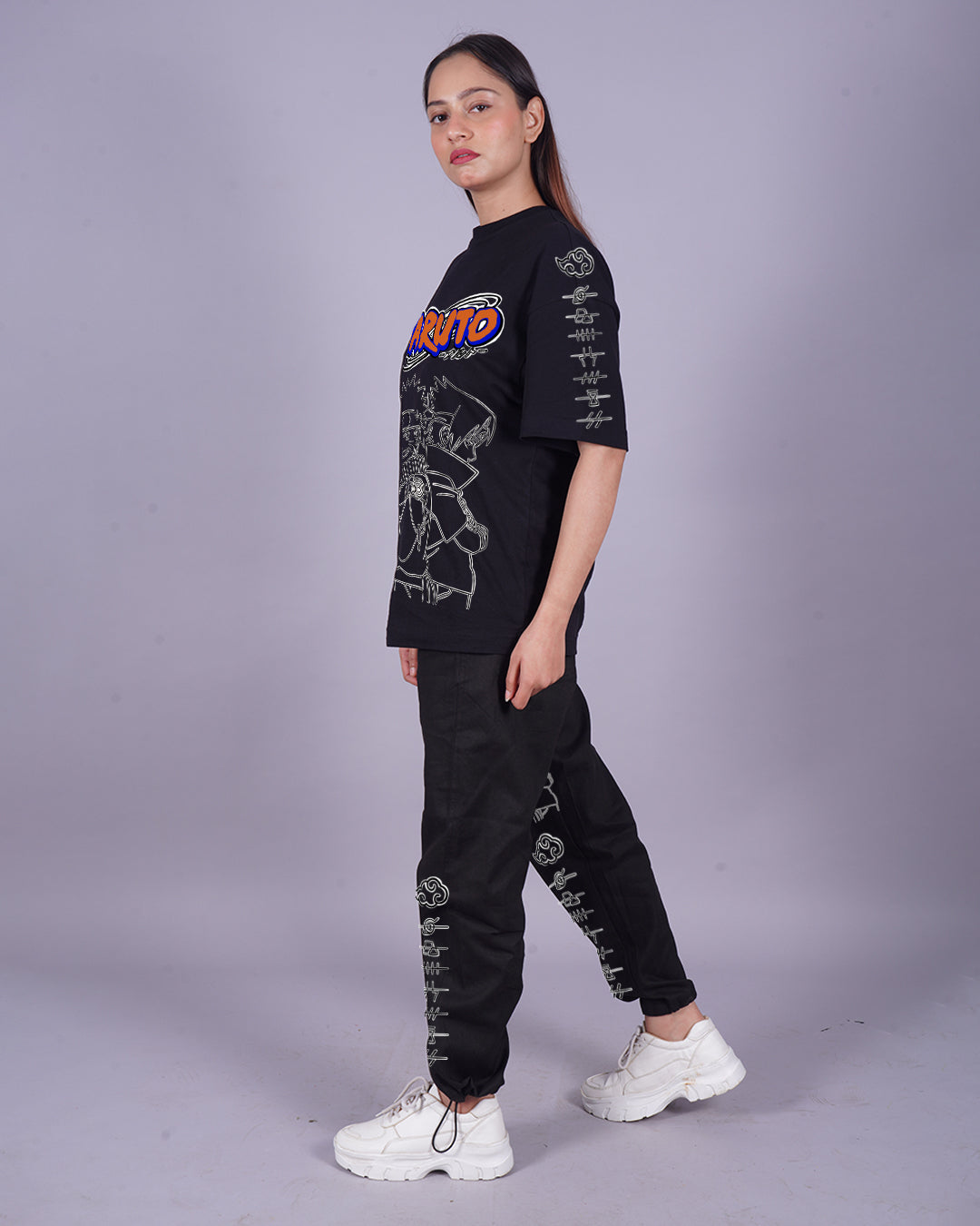 Women Naruto Graphic Oversized Co-Ord Set - Black and Black