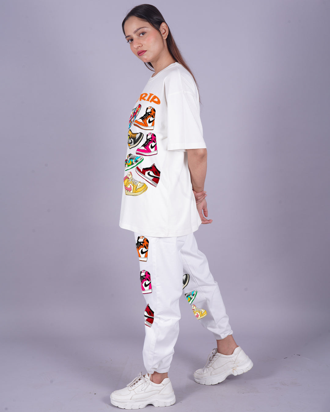 Women Sneaker Oversized Co-Ord Set - White and White