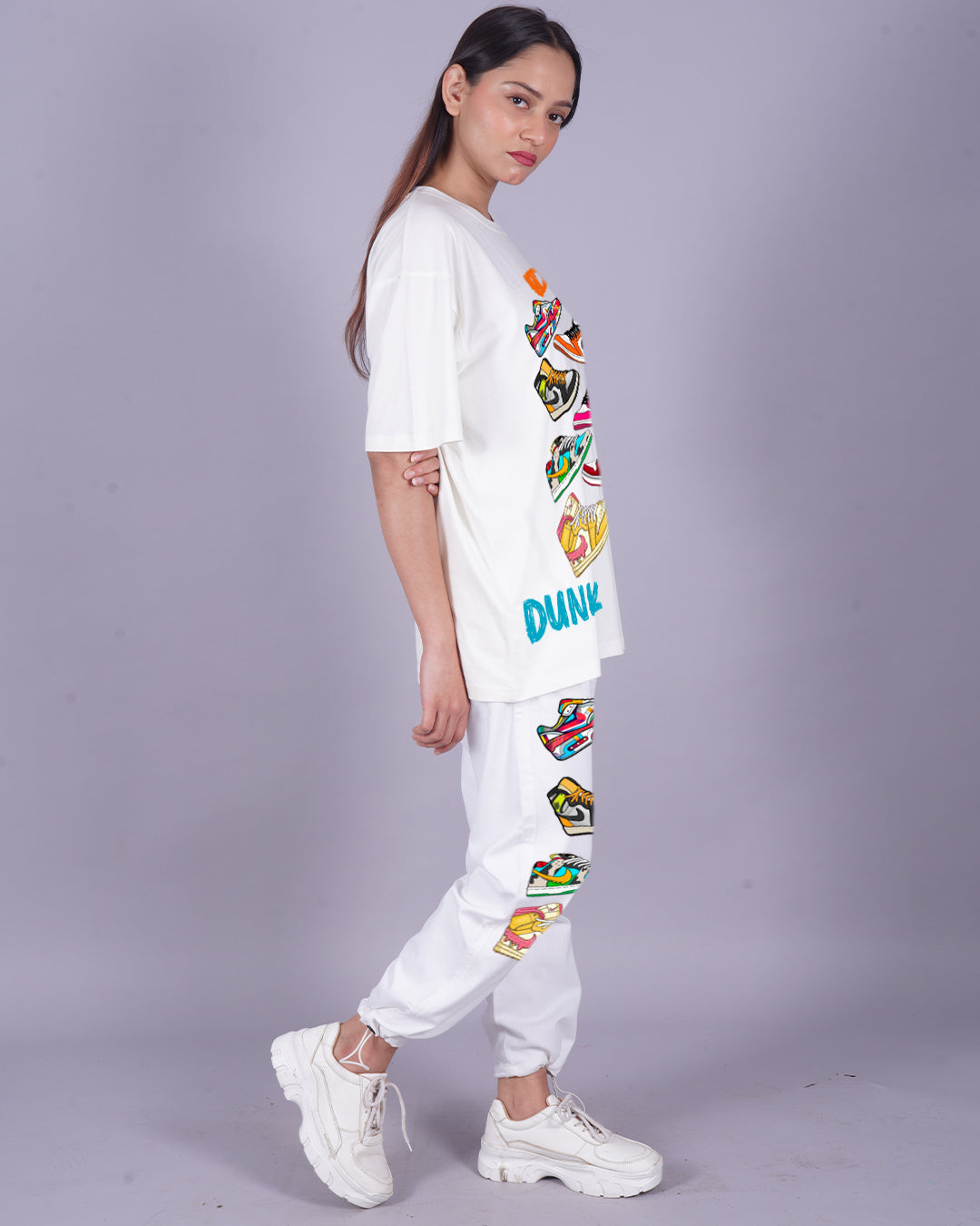 Women Sneaker Oversized Co-Ord Set - White and White