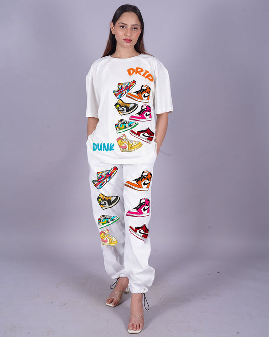 Women Sneaker Oversized Co-Ord Set - White and White