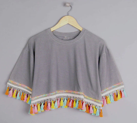 Foggy Delight: Multicolored Tassel Trim Tops