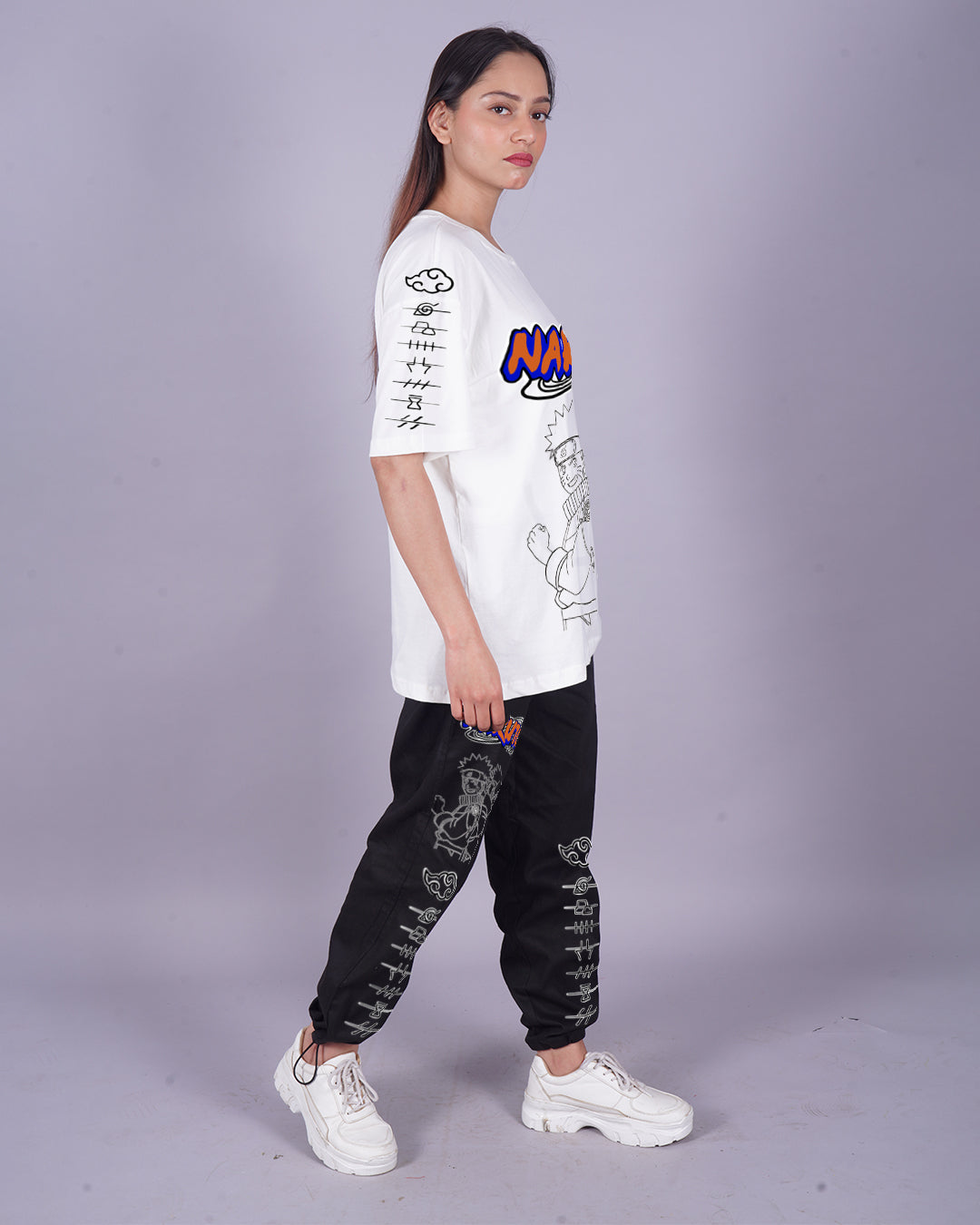 Women Naruto Graphic Oversized Co-Ord Set - White and Black