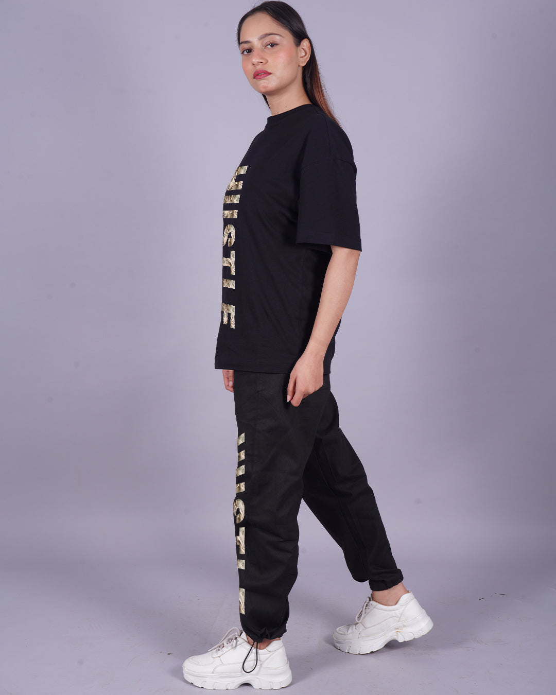 Women Hustle Oversized Co-Ord Set - Black and Black