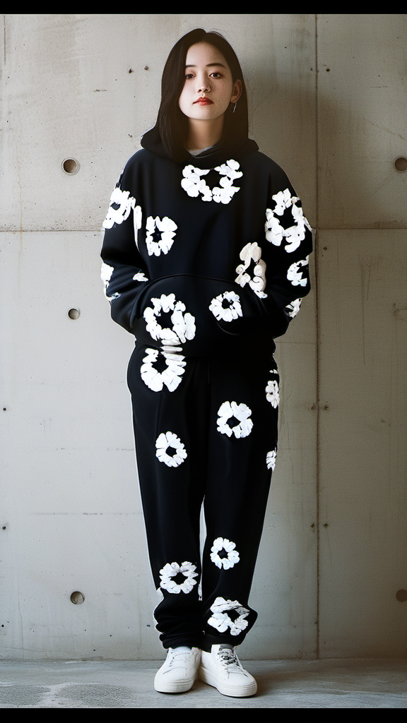 Men's Flower World Hoodie Oversized Co-ord Set - Black and Black