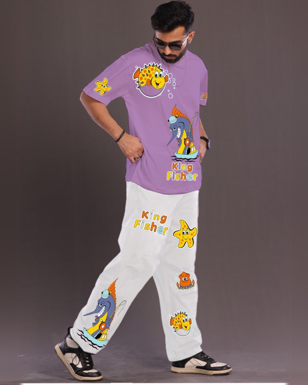 Men's King Fisher Oversized Co-Ord Set - Purple and White