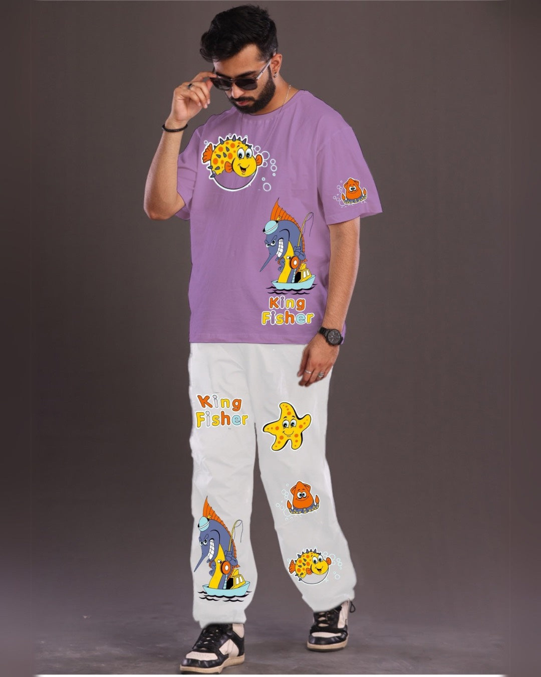 Men's King Fisher Oversized Co-Ord Set - Purple and White
