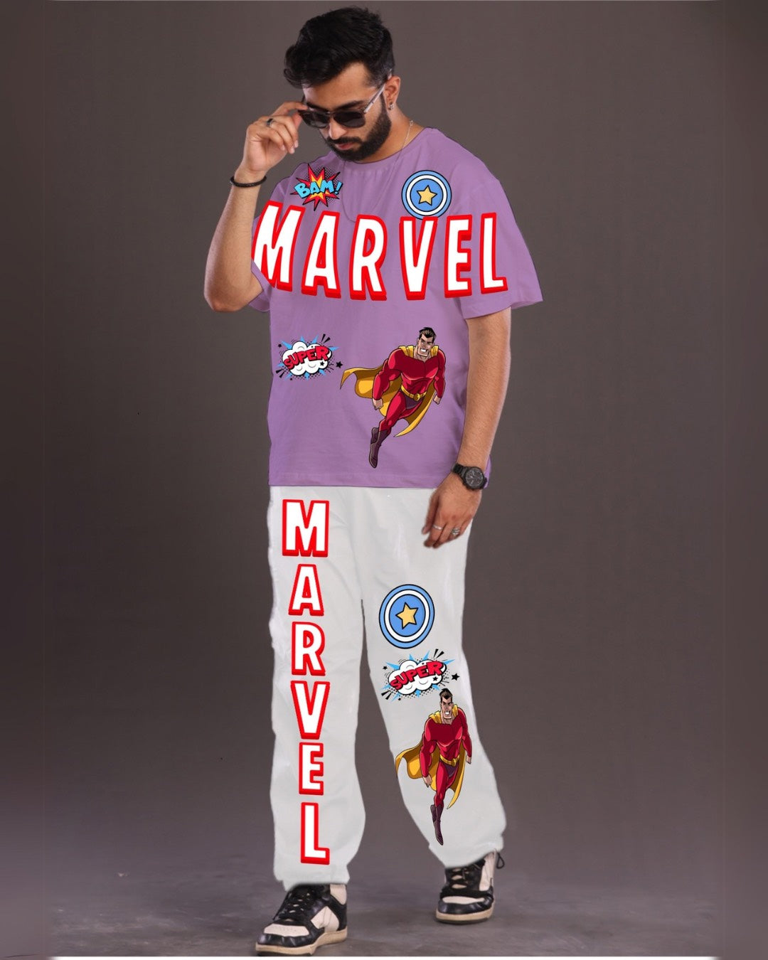 Men's Marvel Oversized Co-Ord Set - Purple and White