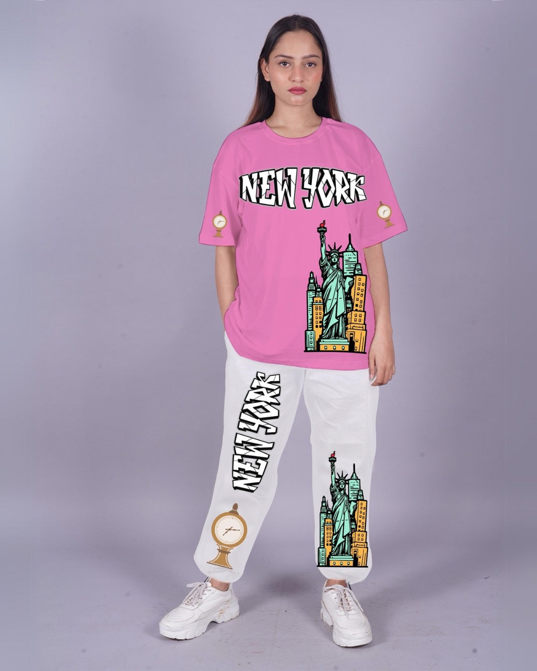 Women New York Oversized Co-Ord Set - Pink and White