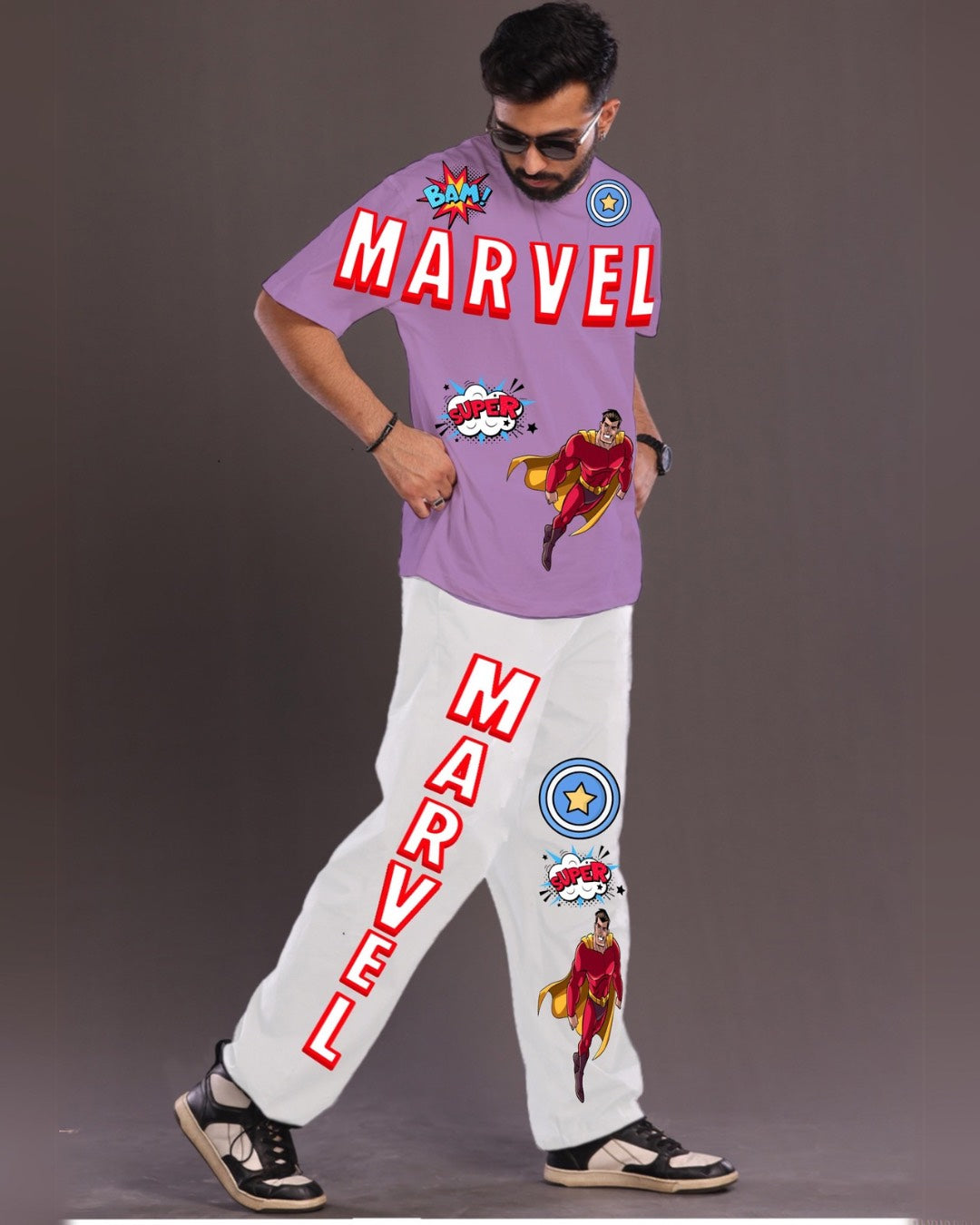 Men's Marvel Oversized Co-Ord Set - Purple and White