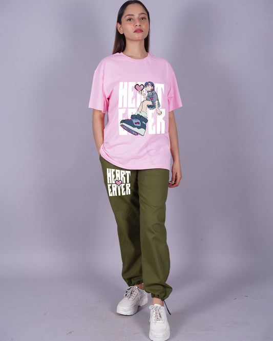 Women HeartEater Oversized Co-Ord Set - Pink and Olive