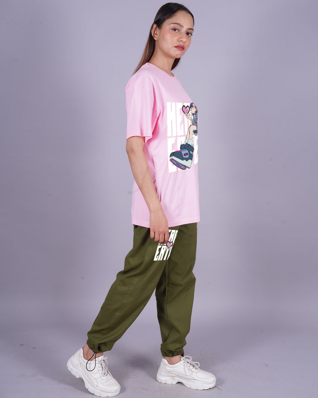 Women HeartEater Oversized Co-Ord Set - Pink and Olive