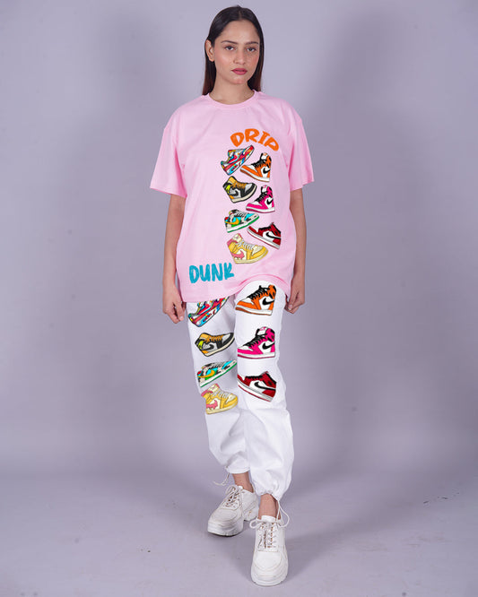 Women Sneaker Oversized Co-Ord Set - Pink and White