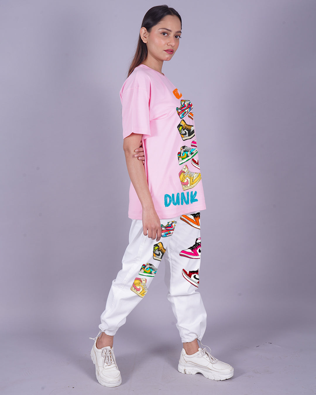 Women Sneaker Oversized Co-Ord Set - Pink and White