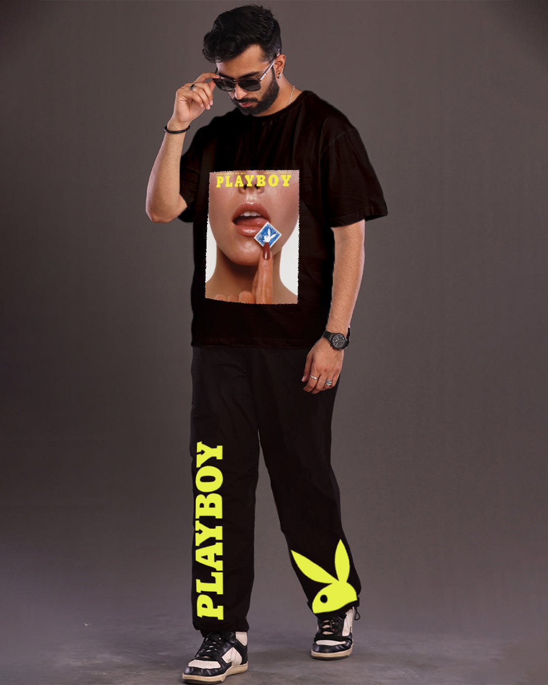 Men's Playboy Oversized Co-Ord Set - Black and Black