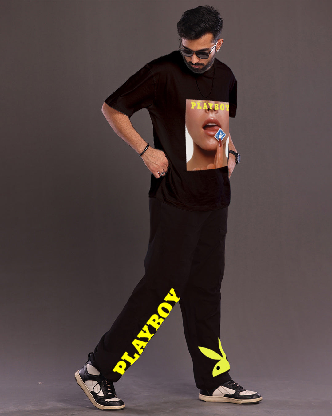 Men's Playboy Oversized Co-Ord Set - Black and Black