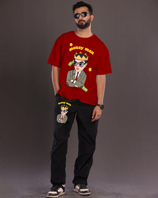 Men's wealthy Fashion: 2 Piece Red and Black Moneyman Oversized Co-ord Set