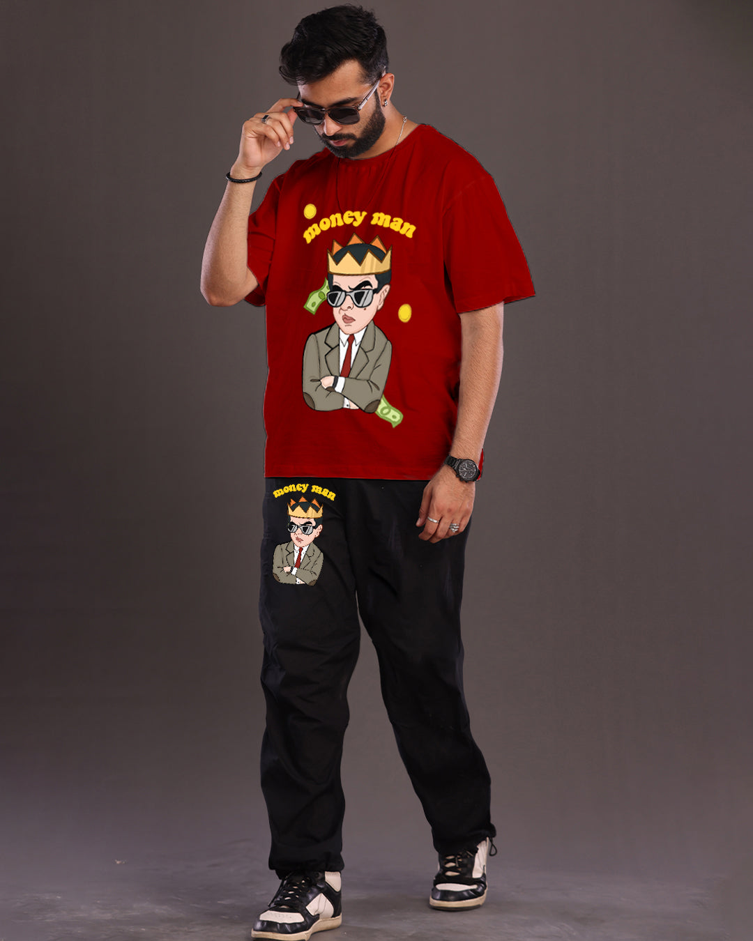 Men's wealthy Fashion: 2 Piece Red and Black Moneyman Oversized Co-ord Set