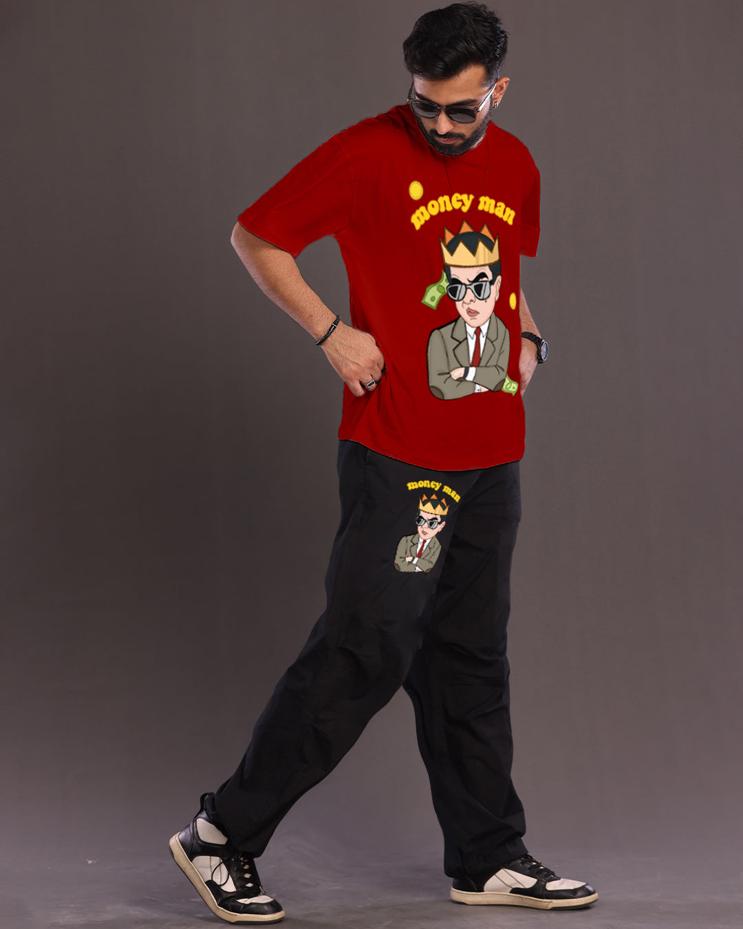 Men's wealthy Fashion: 2 Piece Red and Black Moneyman Oversized Co-ord Set