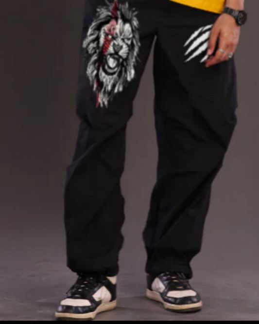 MEN'S BLACK COTTON PANTS - LION