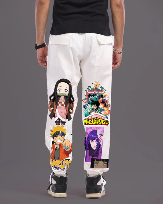 MEN WHITE ADJUSTABLE CARGO PANTS - FUNKY ANIME(*)