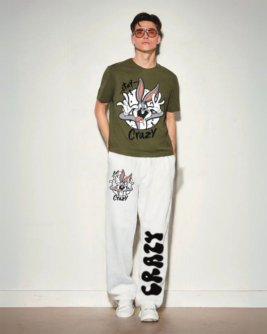 MEN'S STAY CRAZY OVERSIZED  COORD SET - OLIVE AND WHITE (*)