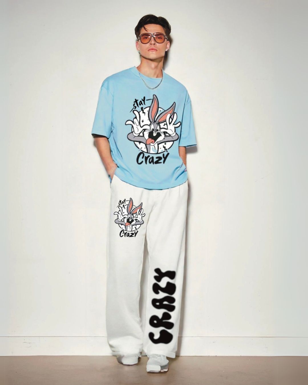 STAY CRAZY OVERSIZED MEN'S COORD SET - BLUE AND WHITE (*)