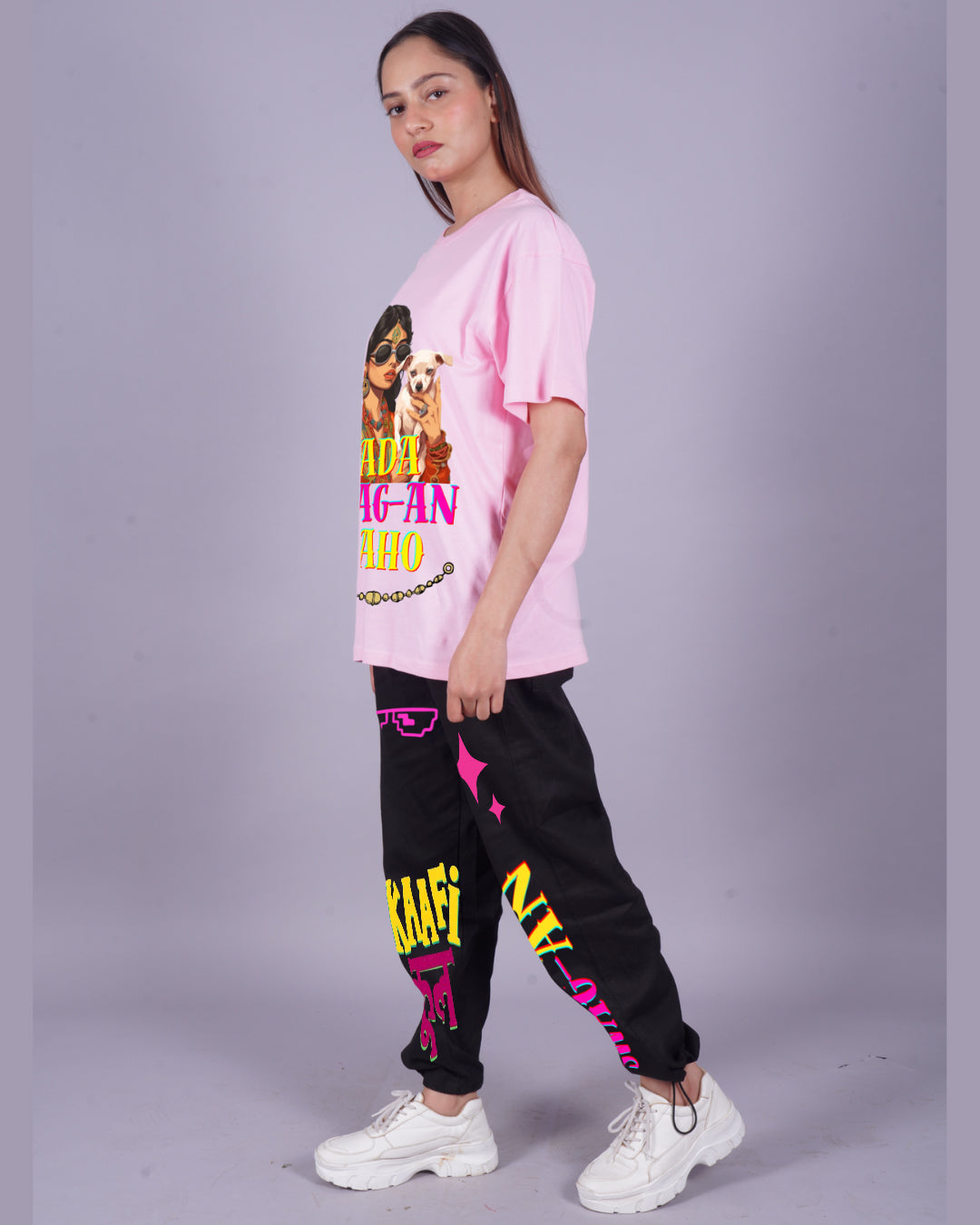 Women Sada Swag Oversized Co-Ord Set - Pink and Black