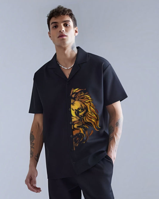 Wild Tiger Half Sleeve Black Oversized Knitted Shirt(*)