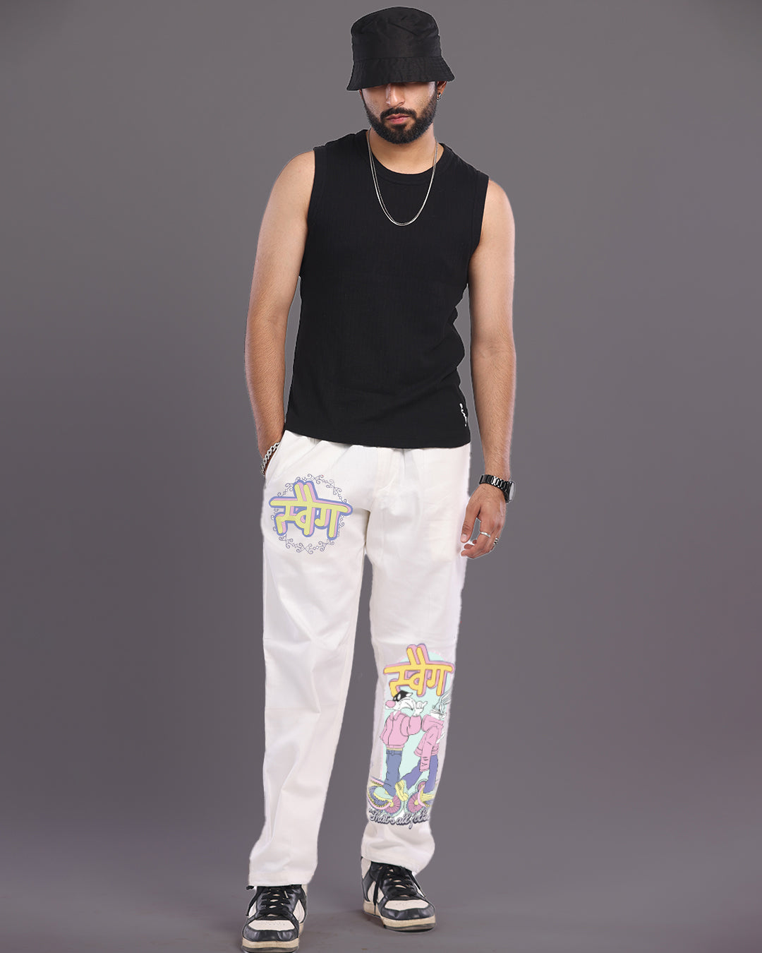 Mens White Cotton pant - Swag